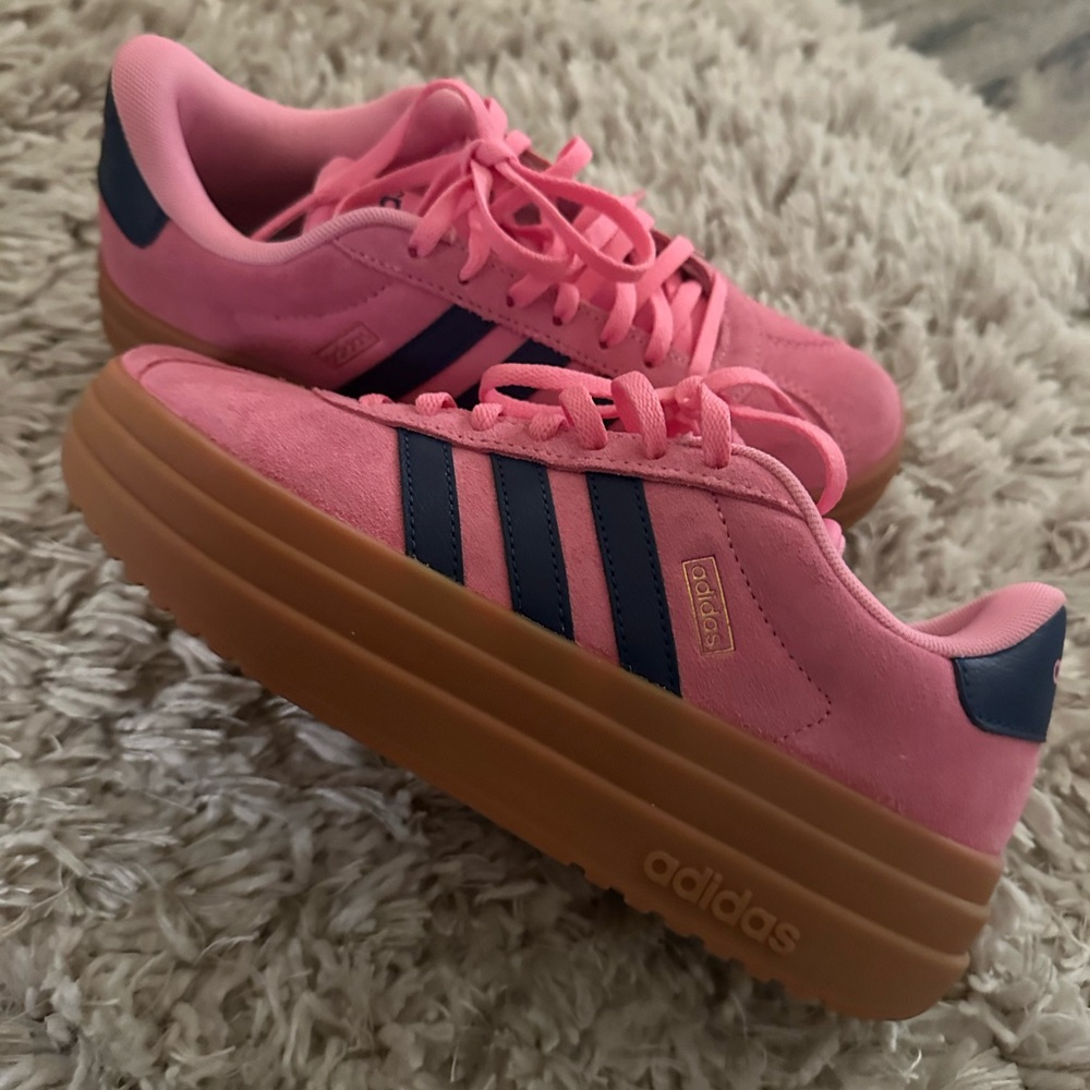 Adidas Pink Sneakers with Blue Stripes and Tan Soles